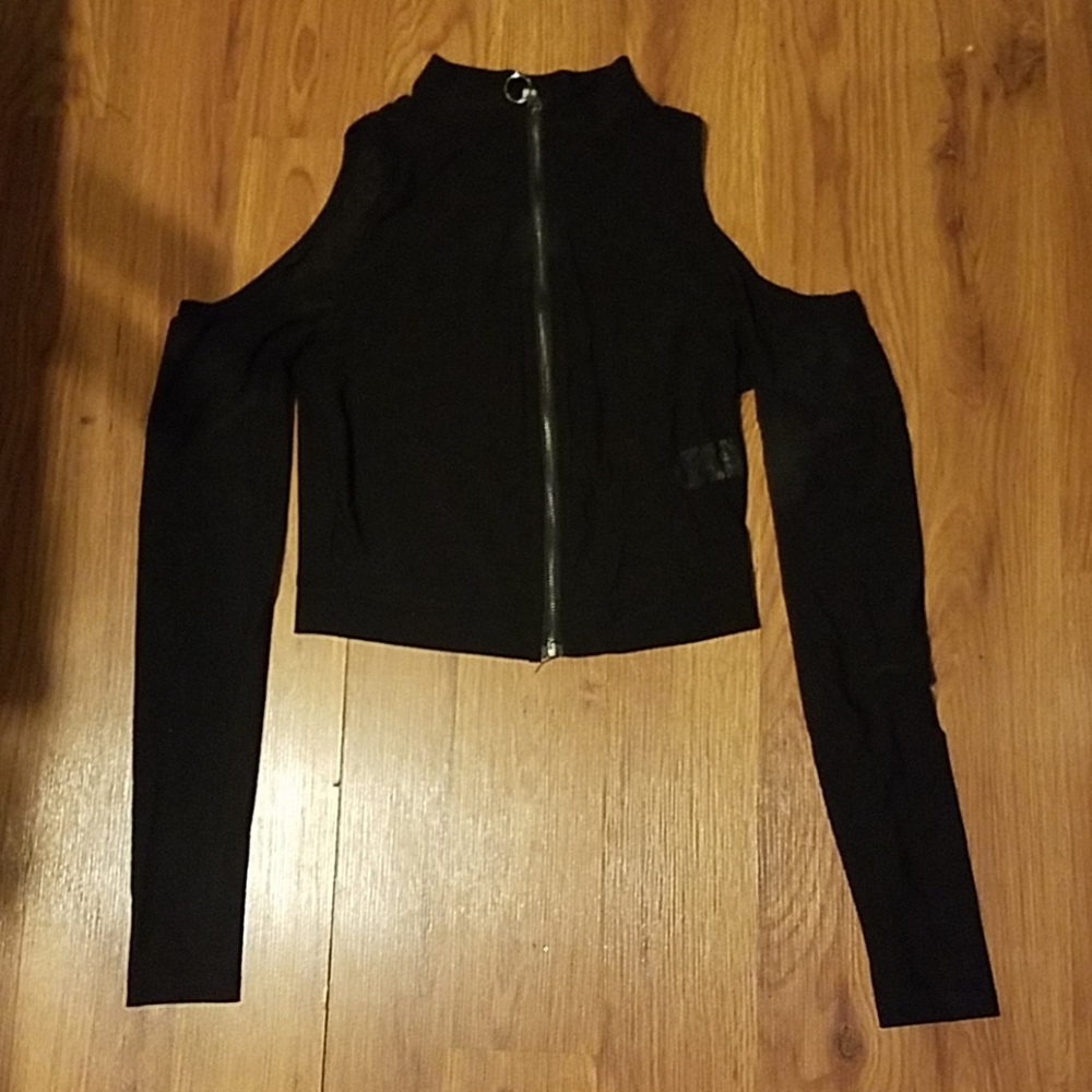 Charlotte Russe sheer cold shoulder cropped jacket